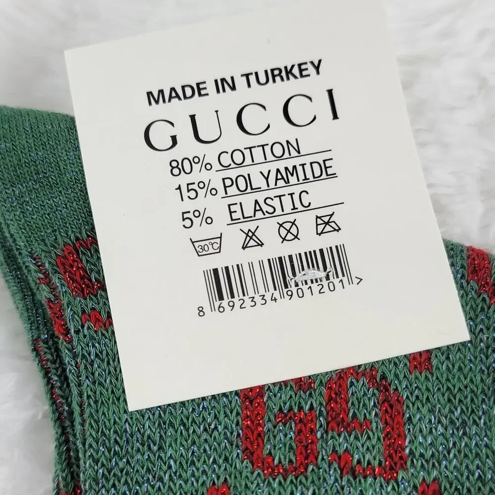 Gucci Crew Socks Unisex GG Logo Metallic 100% Authentic Green Red Luxury New